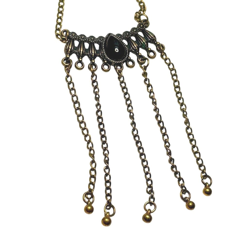 Vintage Boho Fringe Necklace Black Acrylic Cabochon Statement Necklace 30”